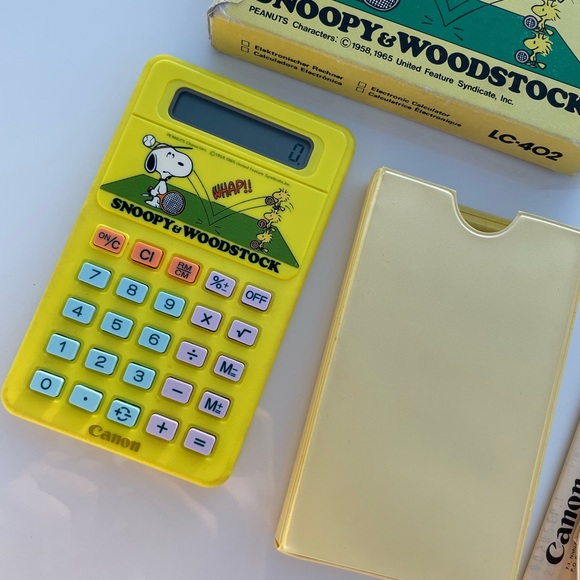 VINTAGE PEANUTS SNOOPY WOODSTOCK CANON CALCULATOR LC-33 - YELLOW WITH CASE - Picture 3 of 5